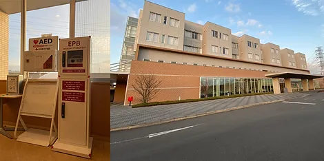 学校校舎と、AEDとEPB隣同士に並んで設置されている状況が写っている写真