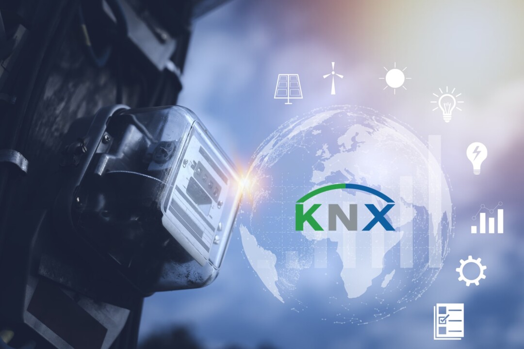 KNXのロゴ（左に電気メーター、右に地球イラストが配置され周りに電気関連のさまざまなマークが並んでいる）